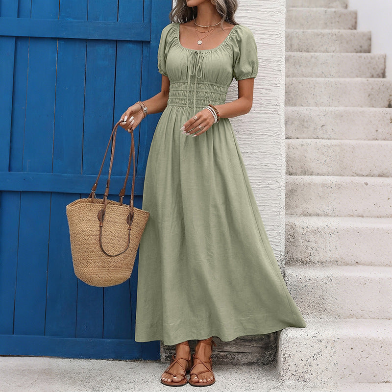 Summer French Vintage Square Collar Solid Color Short Sleeve Waist Controlled Dress
