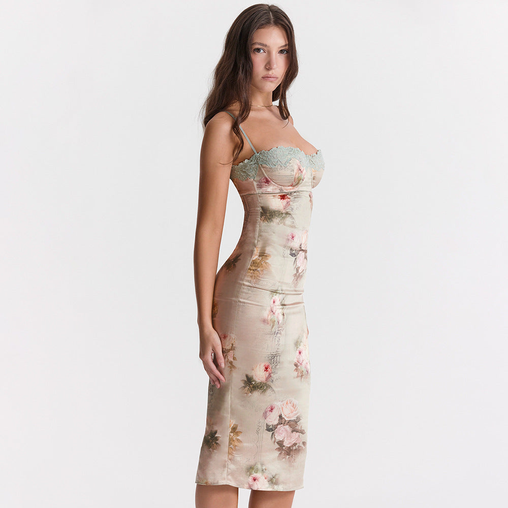 Women Clothing Sexy Lace Cami Dress Backless Sheath High Waist Midi Dress Printed Dress for Women Bella Mia