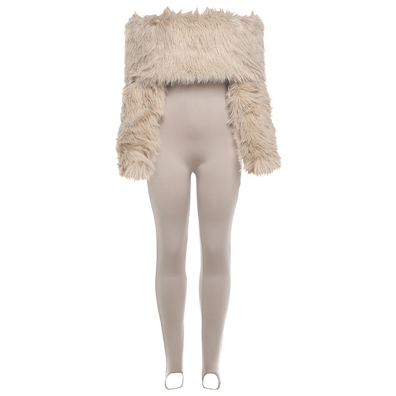 Autumn Winter Women Clothing Sexy Plush Stitching High Waist Slim Solid Color Jumpsuit Bella Mia