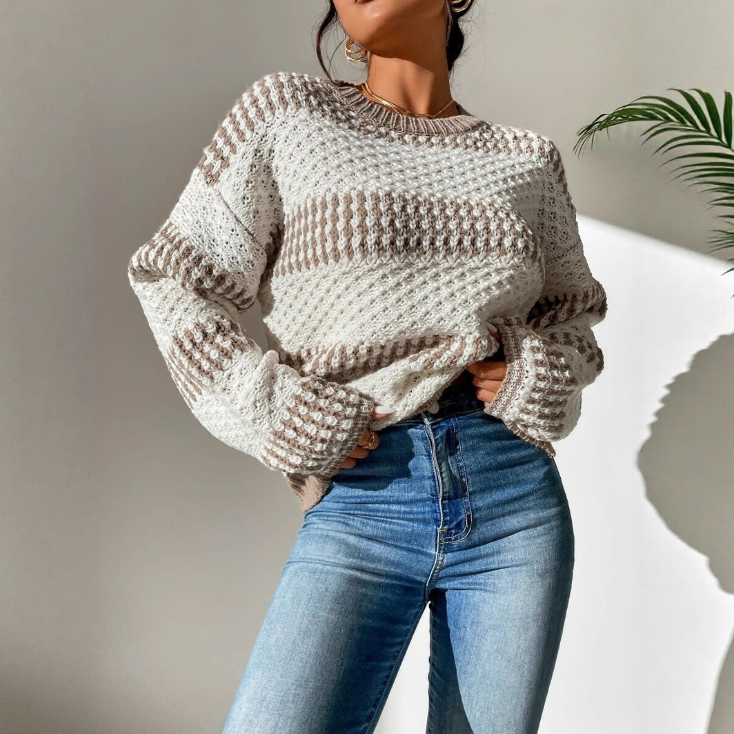 Women Clothing Autumn Winter Casual Loose Sweater Contrast Color Striped Stitching Sweater Bella Mia