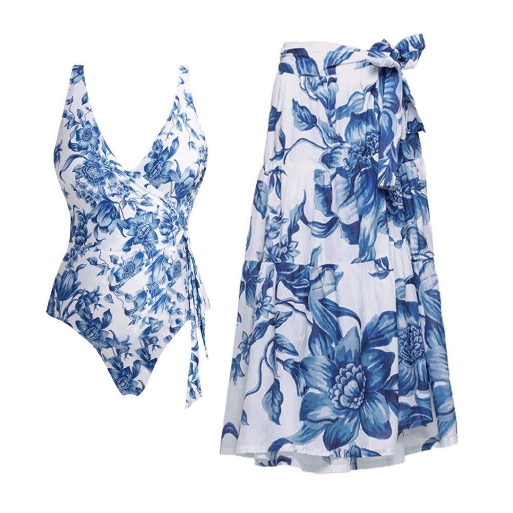 Bikini Blue Color Floral Vacation Split Swimsuit Women Bella Mia