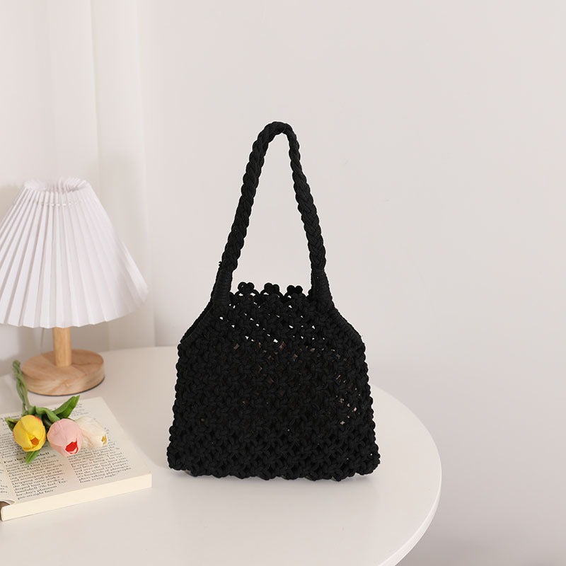 Hollow Out Cutout Cotton Thread Woven Bag Summer Cotton String Women Bag Portable Solid Color Straw Bag Vacation Beach Bag