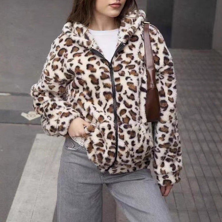 Printing Double Sided Plush Zipper Hooded Cardigan Casual Autumn Winter Women Plush Coat Bella Mia