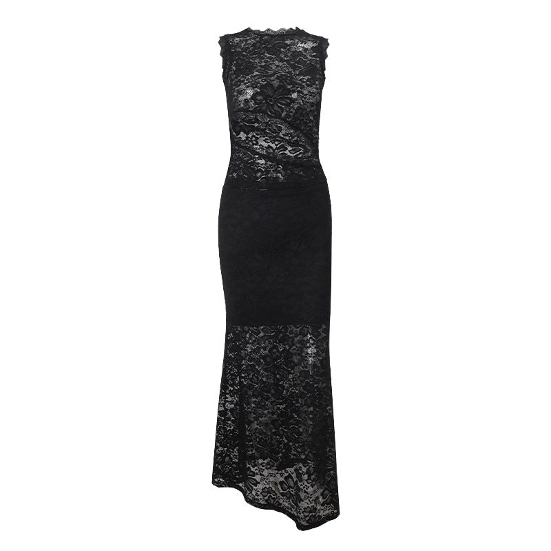 Women Clothing Summer Sexy Lace Hollow Out Cutout Top See through Hip Skirt Set Women Bella Mia