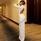 Women Clothing Autumn Solid Color Long Sleeve Slim Fit Fishtail Dress Button Backless Dress Women Bella Mia