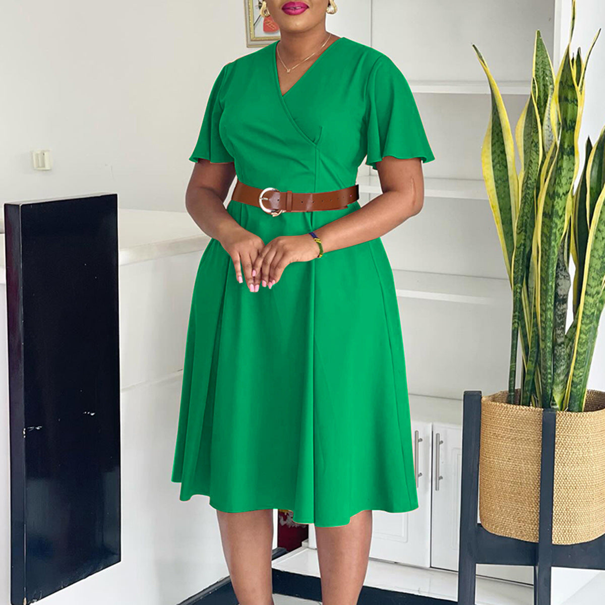 Women Clothing Elegant Solid Color V neck Flared Sleeves Dress