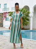 Lace Vertical Stripe Beach Blouse Sexy Hollow Out Cutout Loose Robe Sun Protection Shirt Beach Cover Up Bella Mia