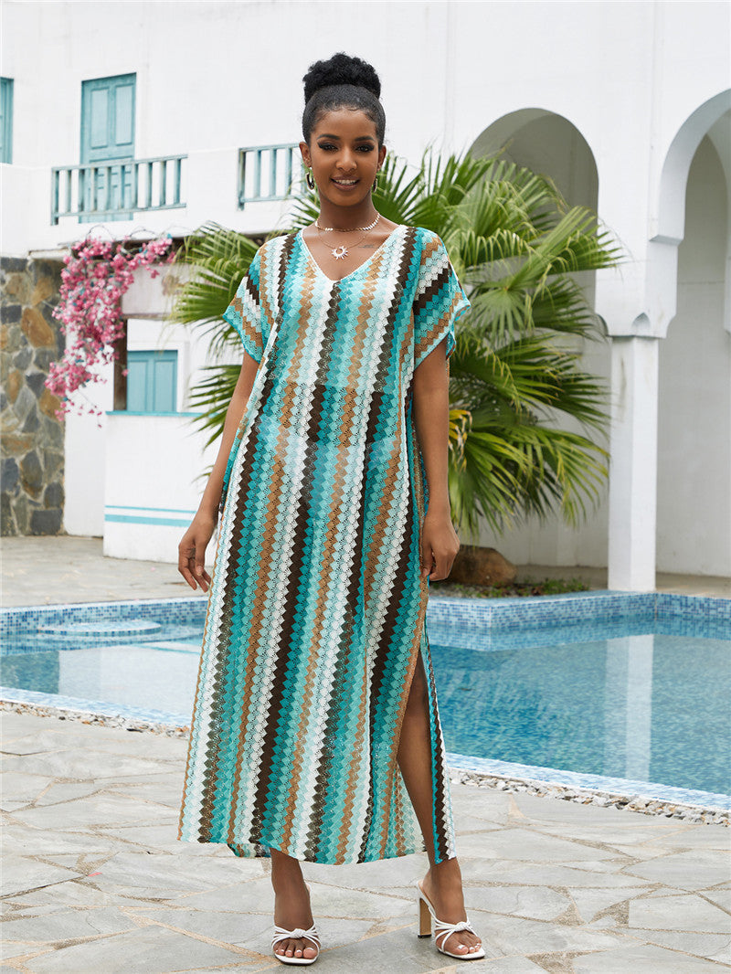 Lace Vertical Stripe Beach Blouse Sexy Hollow Out Cutout Loose Robe Sun Protection Shirt Beach Cover Up Bella Mia