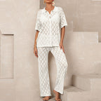 Beach Short Sleeved Shirt Trousers Hollow Out Cutout out See through Casual Knitted Vacation Elegant Sun Protective Blouse Two Piece Sets Bella Mia