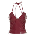Wine Red Retro Sexy Faux Leather Camisole Top Personality Street Backless Halter Lace up Zip Vest