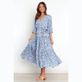 Spring Summer Floral Fresh Sweet Mid-Sleeve V neck Dress