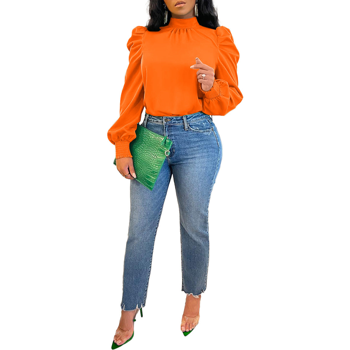 Women Clothing Four Seasons Solid Color Long Stand up Collar Puff Sleeve Back Lace up Top Bella Mia