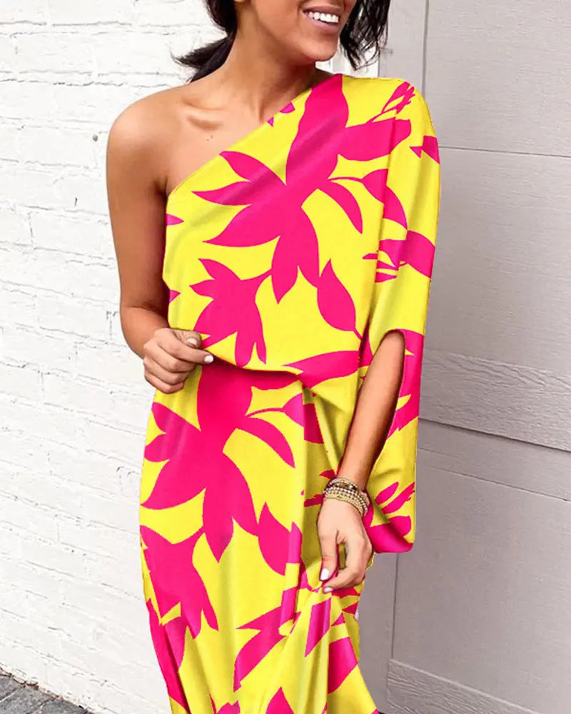 Women Clothing Dress Sexy Oblique Shoulder Elegant Single Side Sleeve Dress for Women Bella Mia