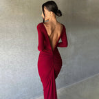 Women Clothing Summer Sexy V neck Slim Pleated Solid Color Long Sleeve Dress Bella Mia