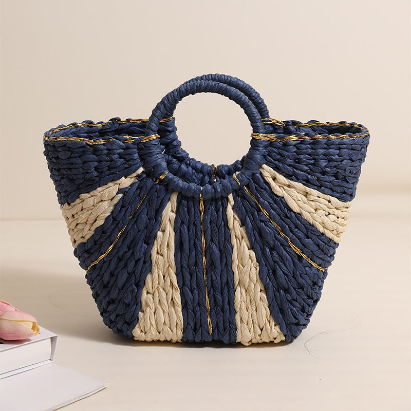 Pastoral Large Capacity Portable Straw-Weaved Bag Contrast Color Hand Carrying Straw Bag Woven Bag Vacation Beach Bag Vegetable Basket Bella Mia