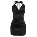 Halter V neck Lace up Wrapped Chest Nipped Waist Slim Fit Solid Color Short High Waist Sheath Dress Bella Mia