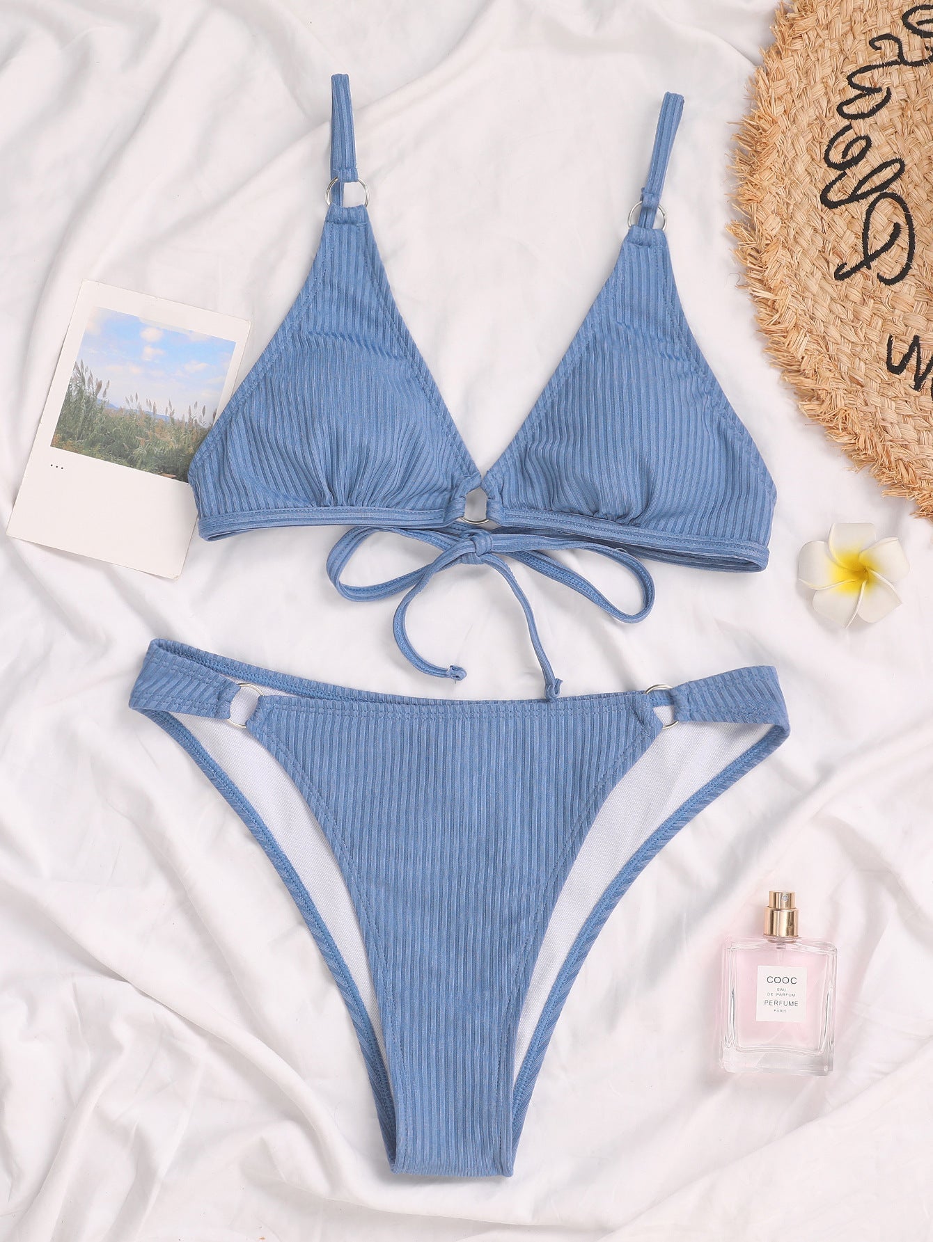 Solid Color Rib Fabric Triangle V-neck Lace-up Sexy Bikini Swimsuit Swimwear Bella Mia
