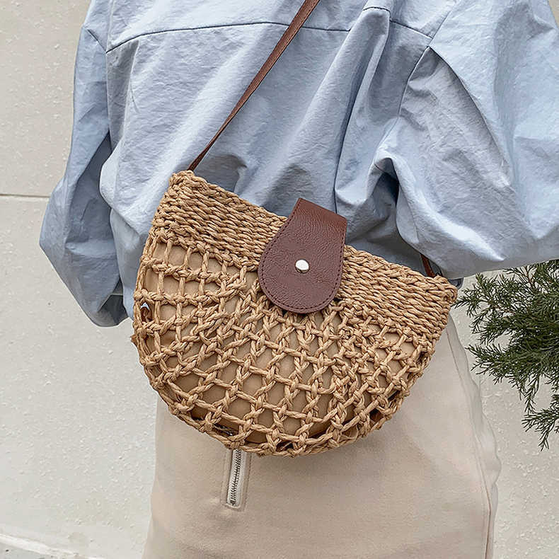 Fresh Hollow Out Cutout Semicircle Straw Bag Shoulder Crossbody Casual Straw Bag Woven Bag Vacation Beach Bag Bella Mia