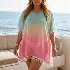 Women Clothes Women Casual Loose Gradient Printing Tassel Stitching T shirt Beach Cover up Bella Mia