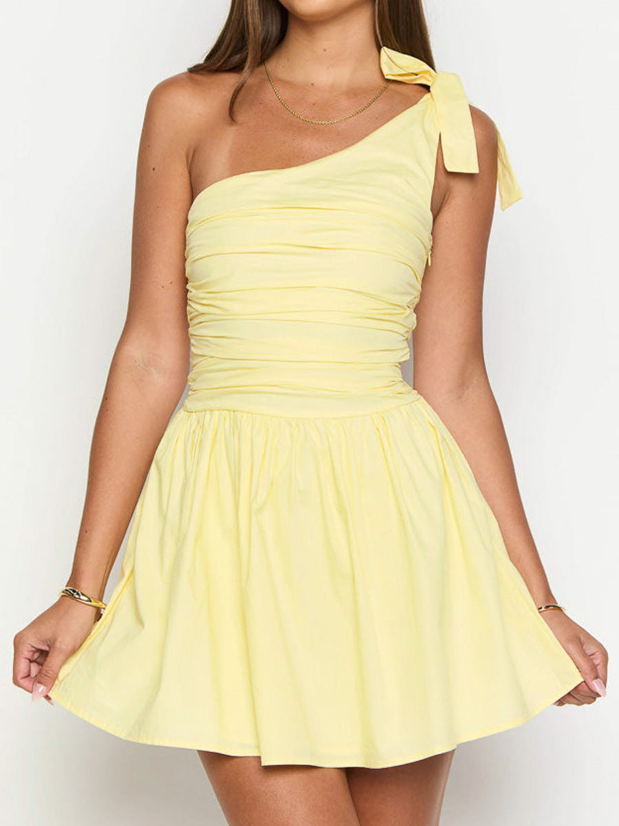 Women Wear Oblique Shoulder Bow Pleated Slim Summer Dress Women Yellow Sweet Spicy Dress Bella Mia