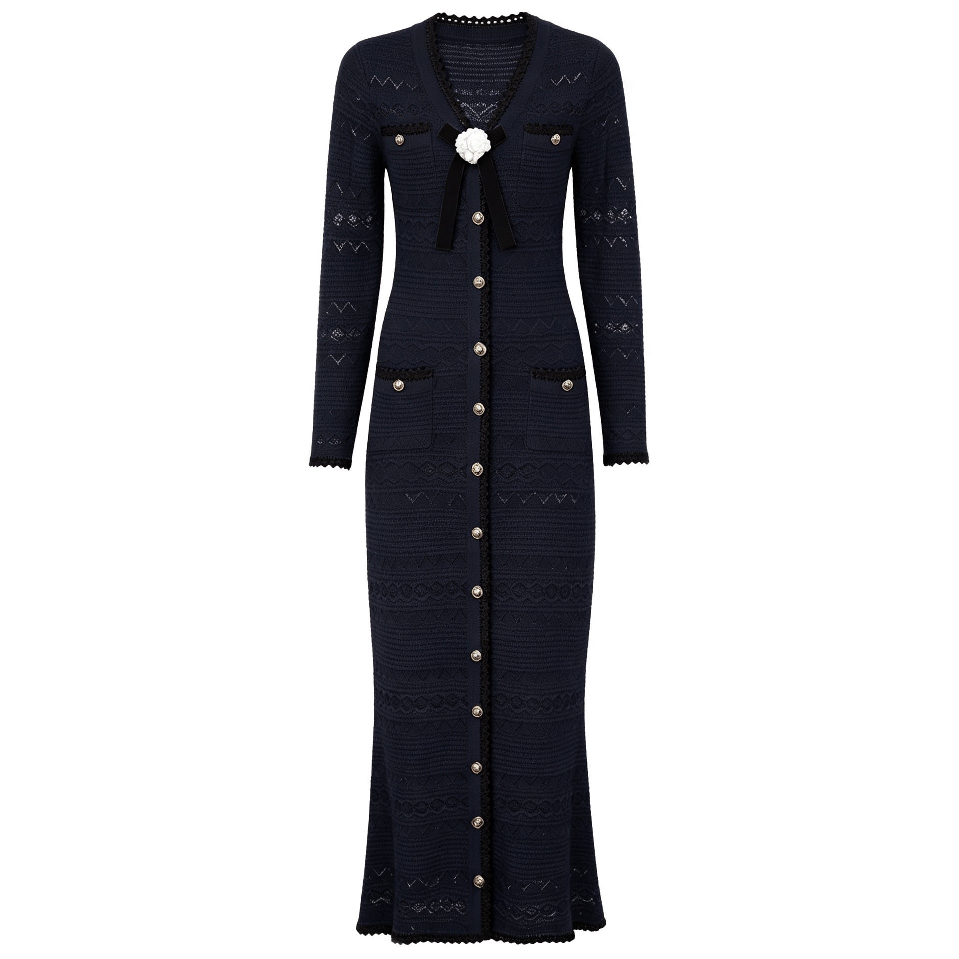Spring Autumn Fashionable Knitted V neck Floral Slim Fit Slimming Long Sleeves Dress Women