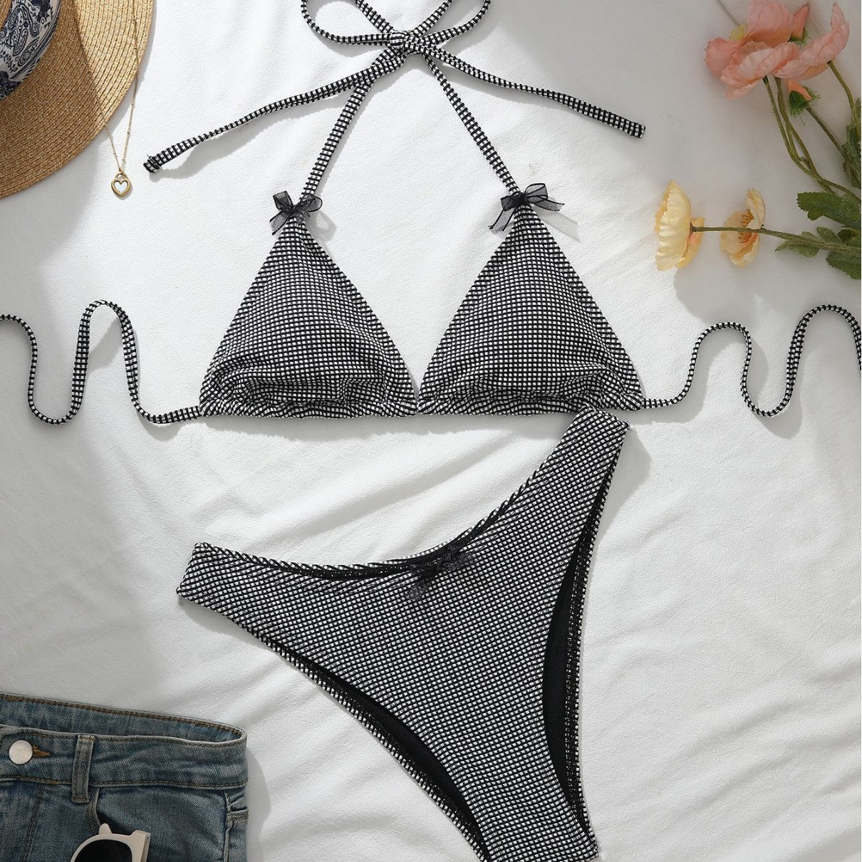 Black White Lattice Pattern Bow Halter Bikini Two Piece Sets
