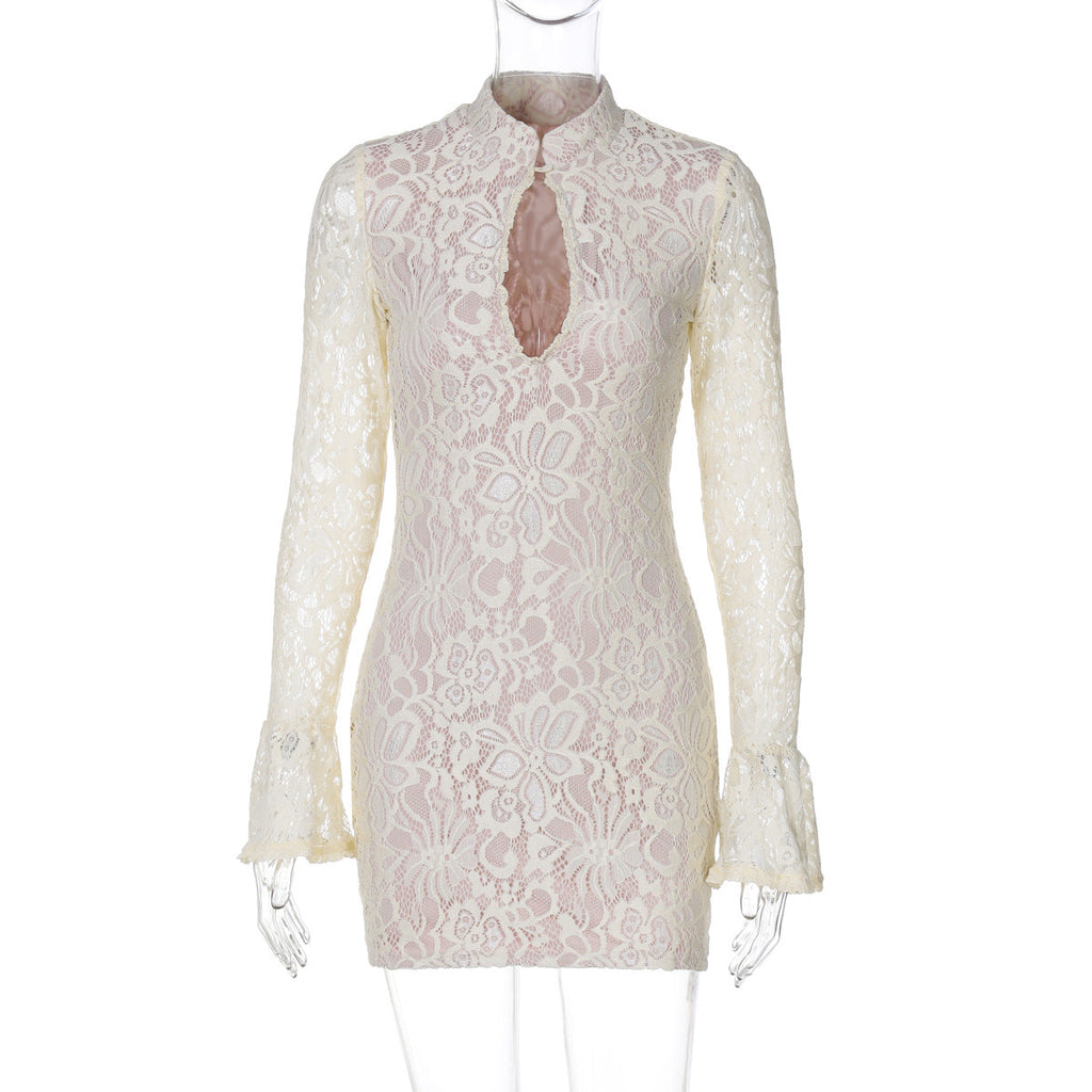 Women Clothing Winter Sexy Lace Cutout Package Hip Flare Sleeve Dress Bella Mia