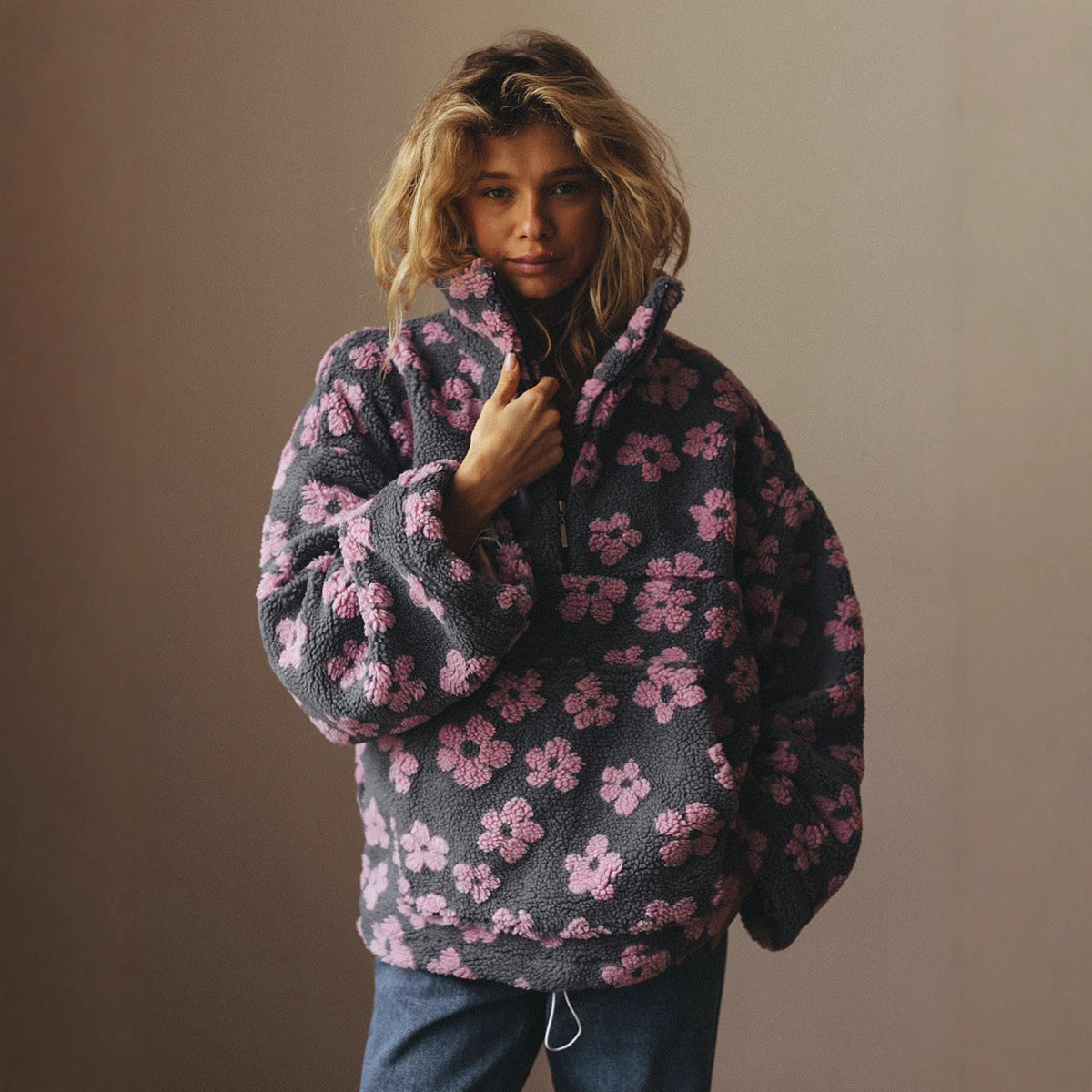 Women Polar Fleece Floral Autumn Winter Sweater Warm Furry Fleece Pullover Bella Mia