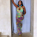 Women Printed Loose Comfortable Fitted Waist Jumpsuit Cross Halterneck Hollow Out Cutout Backless Sexy Jumpsuit Bella Mia
