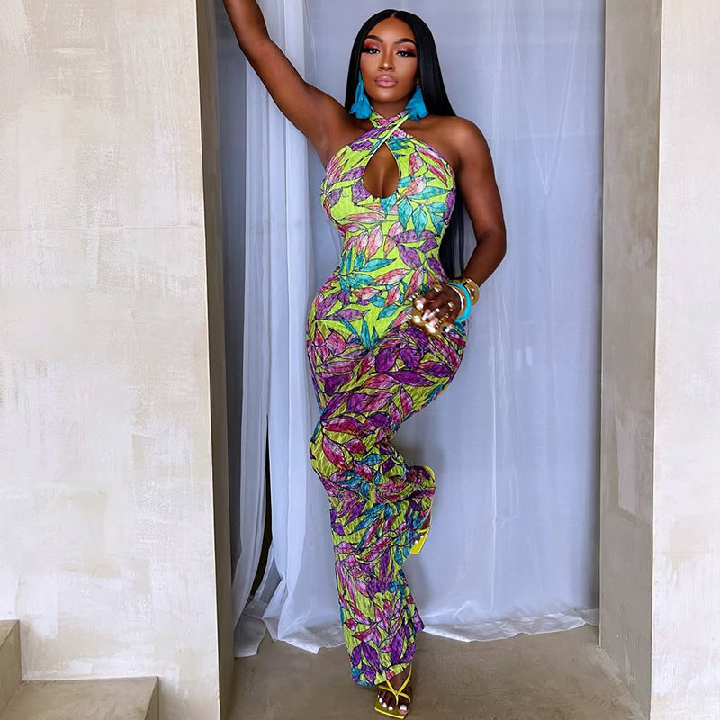 Women Printed Loose Comfortable Fitted Waist Jumpsuit Cross Halterneck Hollow Out Cutout Backless Sexy Jumpsuit Bella Mia