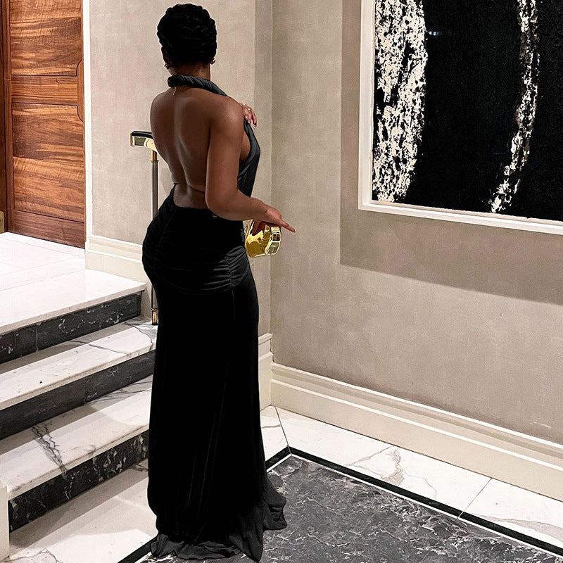 Women Autumn Winter Women Sexy Backless Halter Deep V Plunge neck Solid Color Split Dress Women Bella Mia