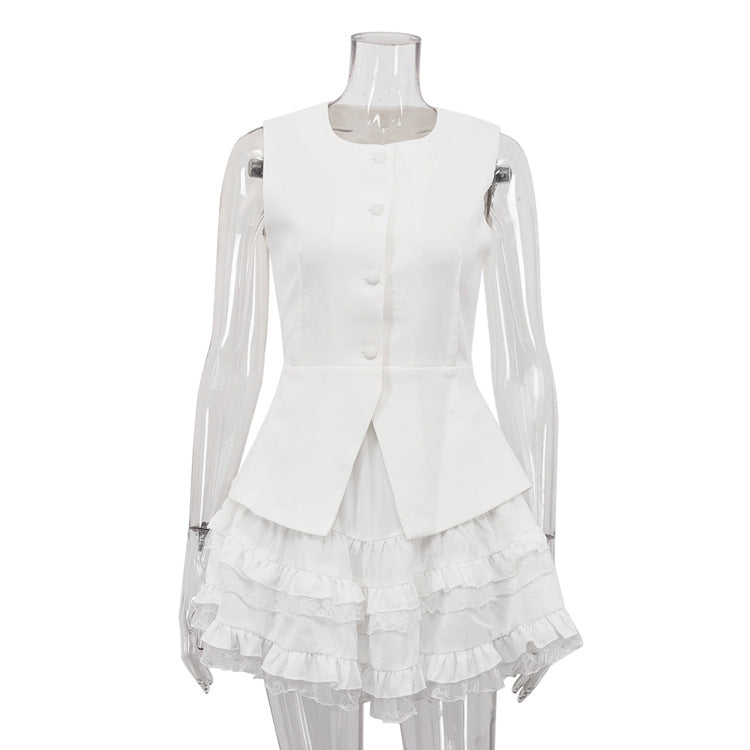 Casual Skirt Outfit Women High Grade Sleeveless Vest Waistcoat Top High Waist Bubble Skirt Two Piece Sets Bella Mia