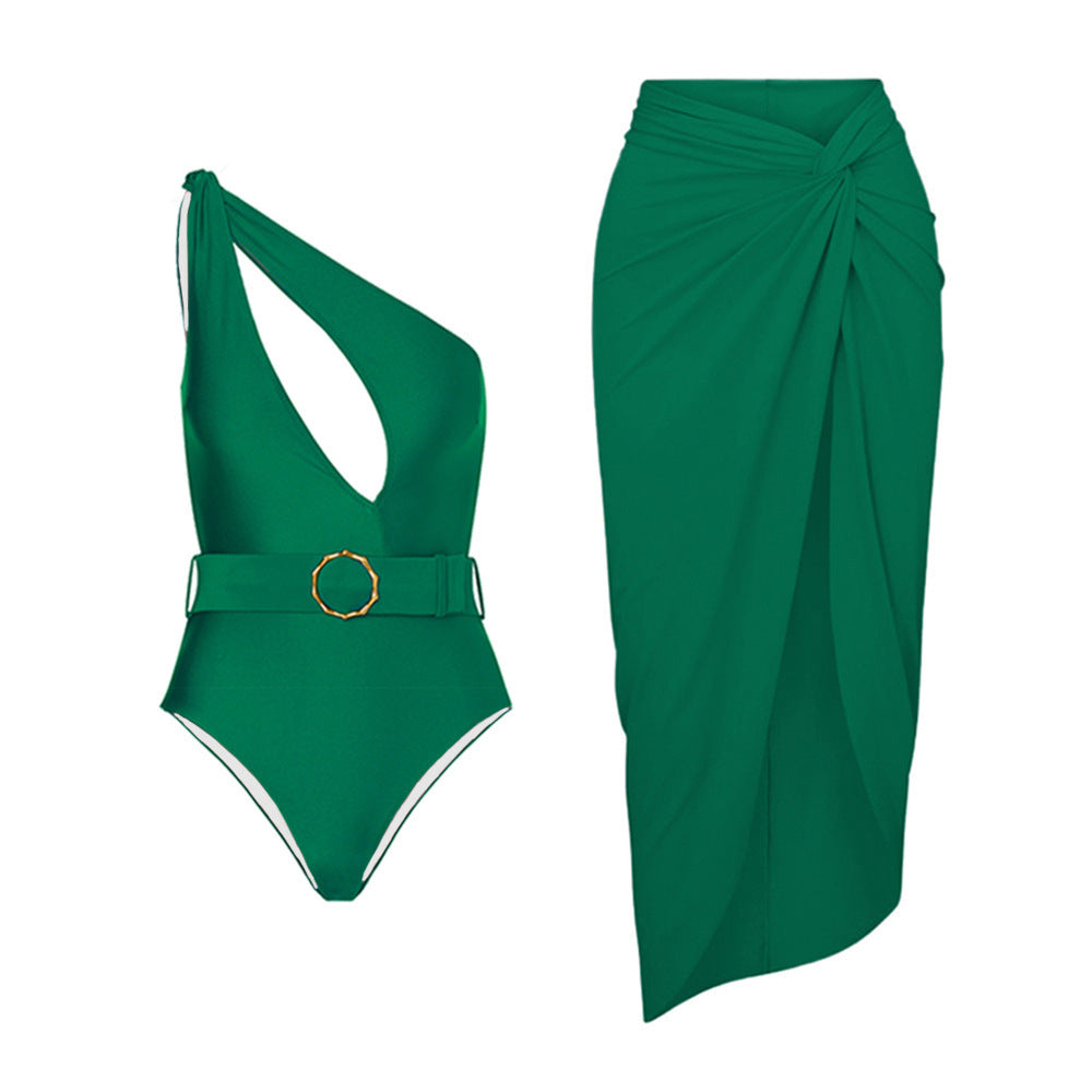 Solid Color Retro Hollow Out Cutout Siamese Women Swimsuit Set Cover Belly Slimming Swimsuit Lot Bella Mia