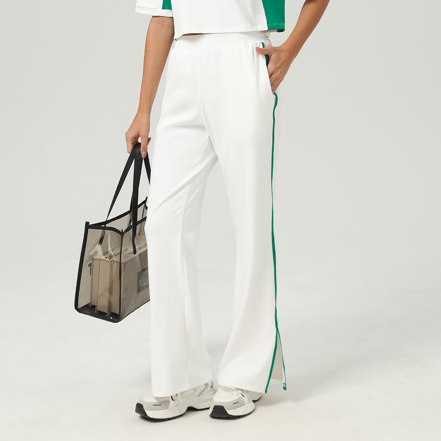 High Waist Loose Sports Wide Leg Pants Pocket Straight Casual Pants Outer Wear Contrast Color Yoga Bell Bottom Pants Bella Mia