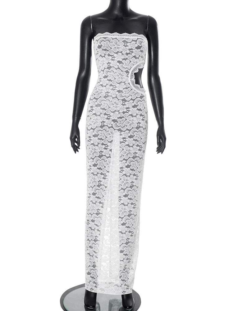 Women Clothing Solid Color Sleeveless Backless Lace Hollow Out Cutout out Slim Fit Dress Bella Mia