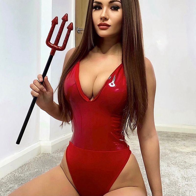 Women Clothing Summer Popular Deep V Plunge Back Zipper Faux Leather Stitching Jumpsuit Women Bella Mia