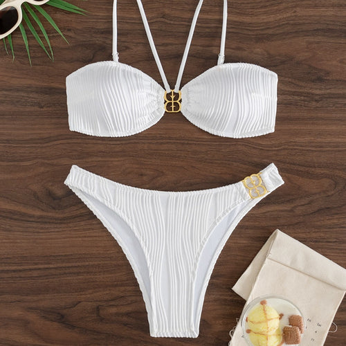 Bikini Metal Buckle Swimwear Women Word Buckle Split Swimsuit with Chest Pad Bella Mia