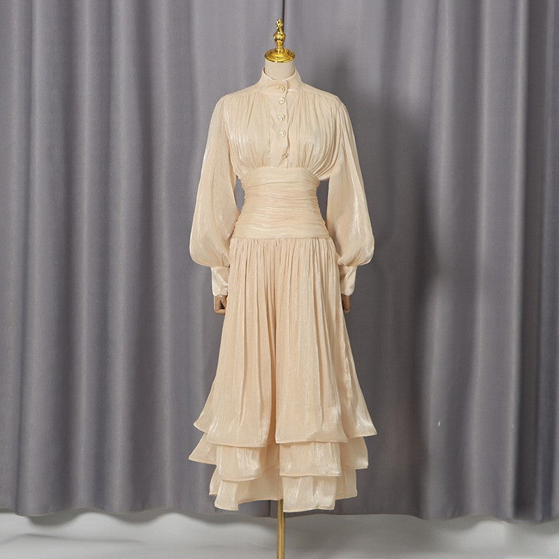 Spring Elegant Retro Lantern Sleeve Breasted Ruffled Maxi Dress Waist Slimming Dress Bella Mia