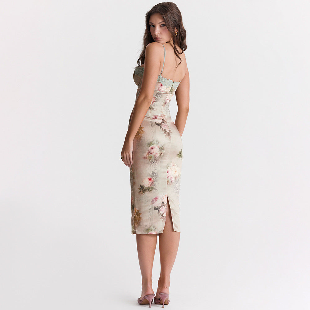 Women Clothing Sexy Lace Cami Dress Backless Sheath High Waist Midi Dress Printed Dress for Women Bella Mia