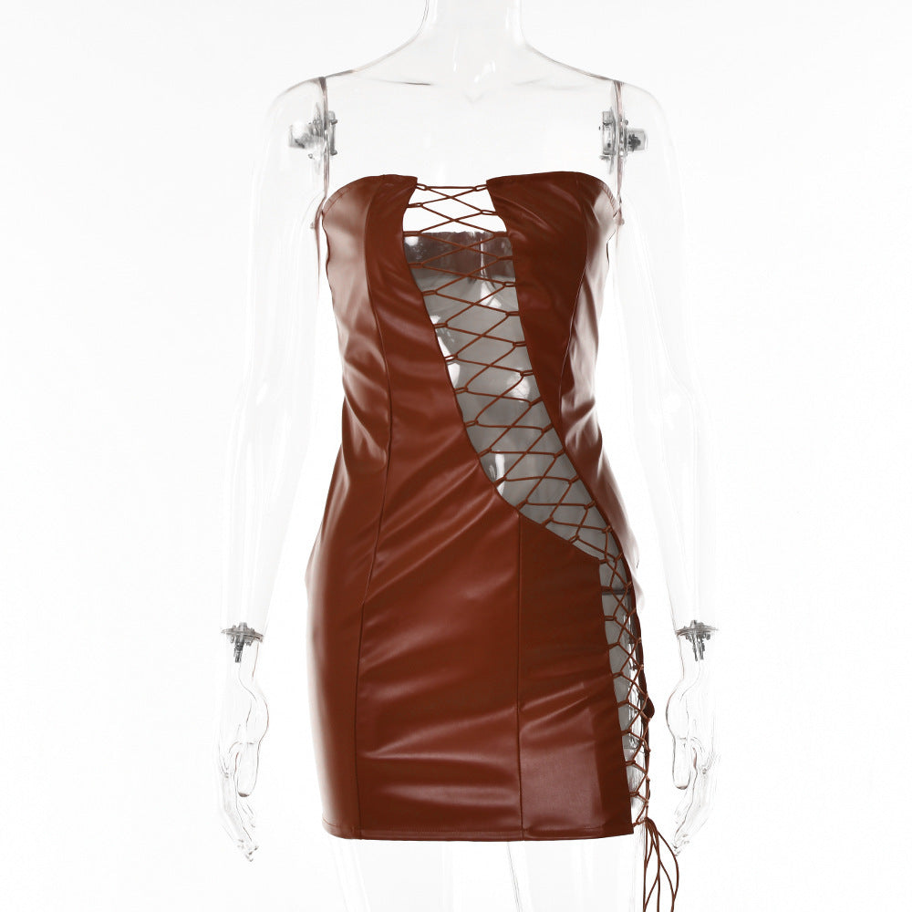 Women Clothing Summer Sexy Tube Top Lace up Waist Controlled Hip Women Dress Bella Mia