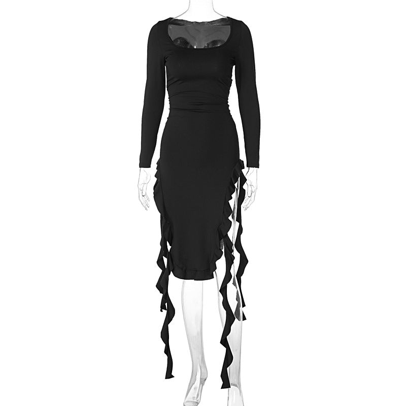 Women Clothing Spring Solid Color U Neck Long Sleeved Slim Fit Stringy Selvedge Dress Bella Mia