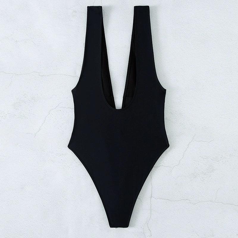 European and American Beach Thin Band Chest Pad V-neck Bow Solid Color Sleeveless One-Piece Swimsuit Foreign Trade Sexy Retro Swimsuit LUXLIFE BRANDS