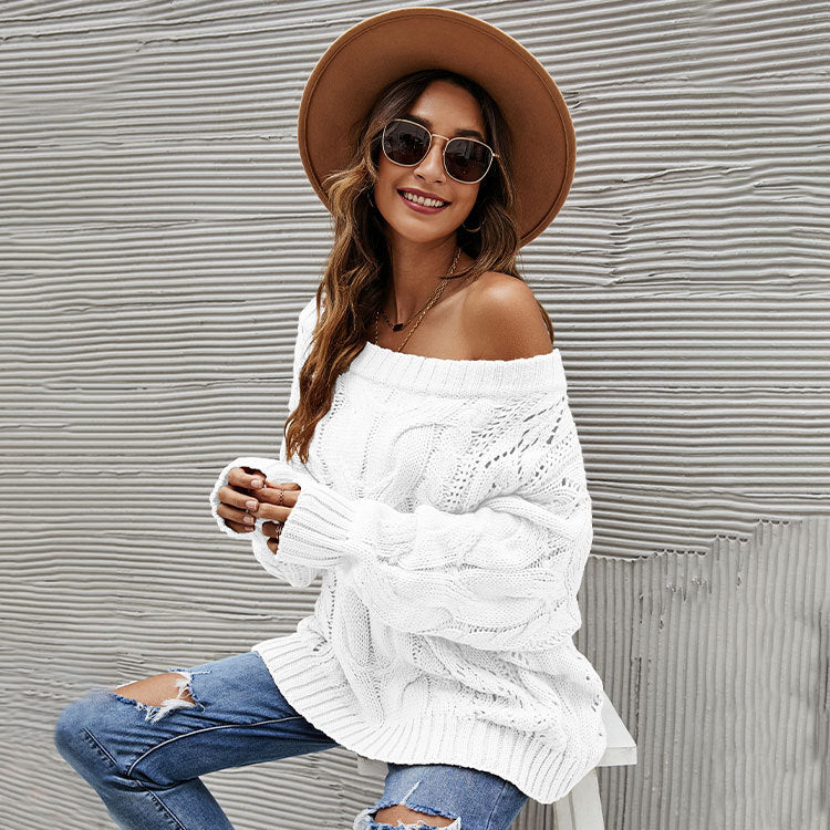 Autumn Winter off-Shoulder Plus Size Loose Sweater off-Shoulder Solid Color Pullover Sweater Women Bella Mia