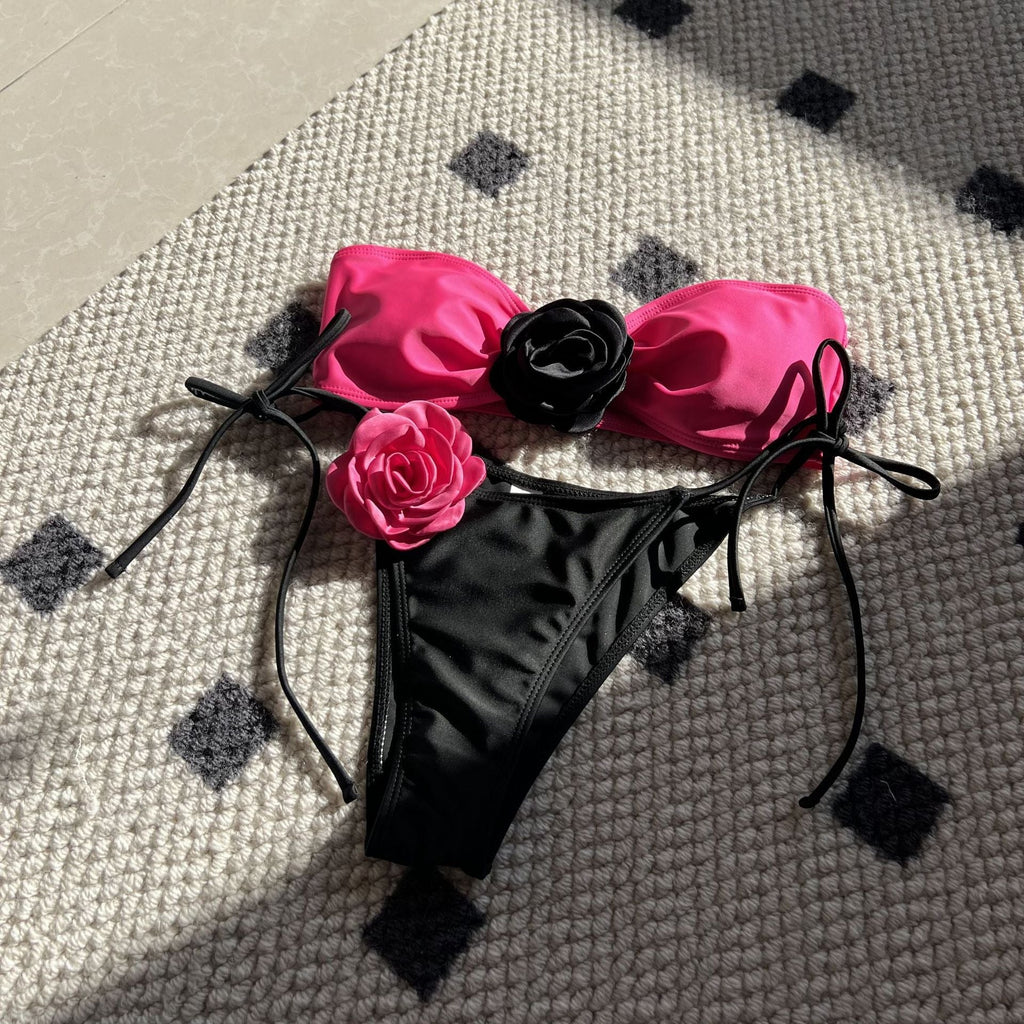 Color Matching Rose Tube Top Lace up Drawstring Strap Split Swimsuit Bikini Bella Mia
