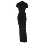 Winter Women Clothing Sexy Deep V Plunge Short Sleeve Solid Color Sexy Pleated Maxi Dress Bella Mia
