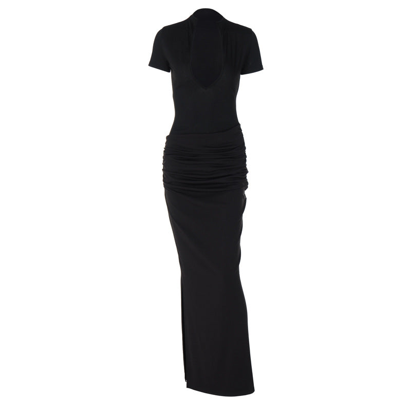 Winter Women Clothing Sexy Deep V Plunge Short Sleeve Solid Color Sexy Pleated Maxi Dress Bella Mia