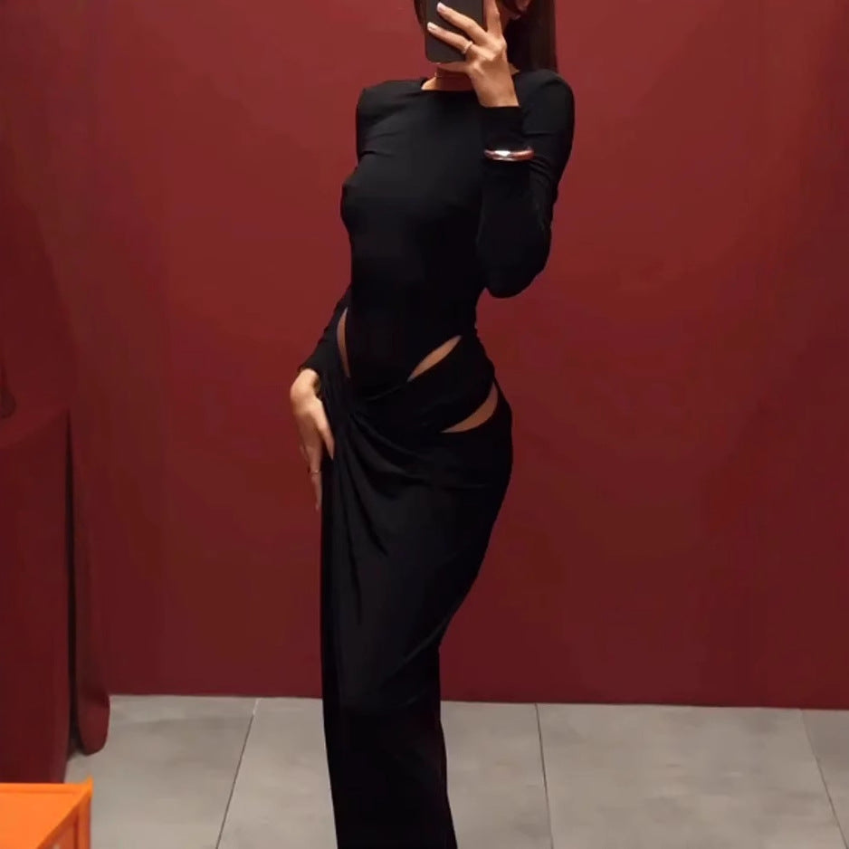 Women Clothing Spring Graceful Fashionable Long Sleeve Hollow Out Cutout Solid Color Dress Bella Mia