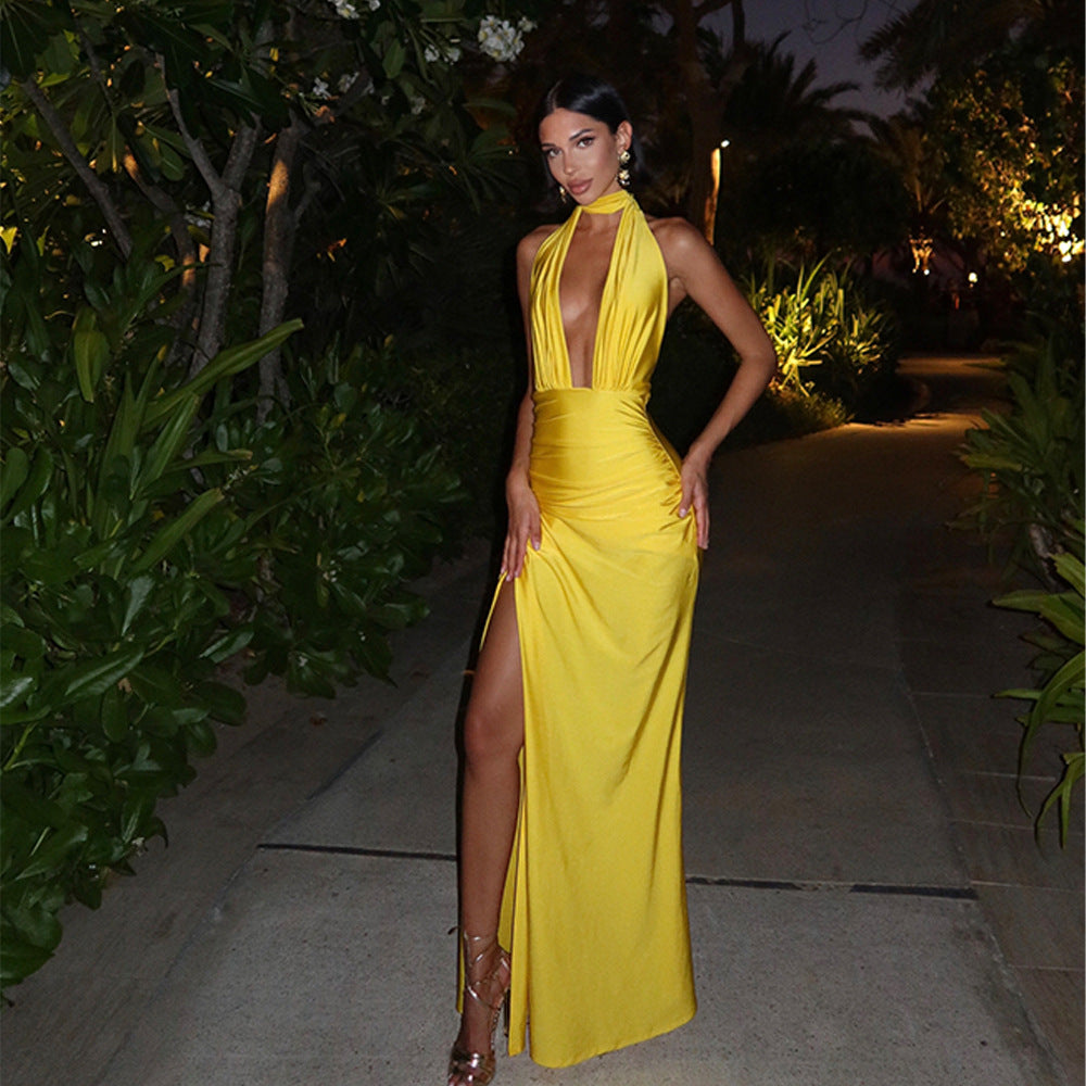 Summer Sexy V neck Halter Backless Dress Solid Color Split Dress Bella Mia