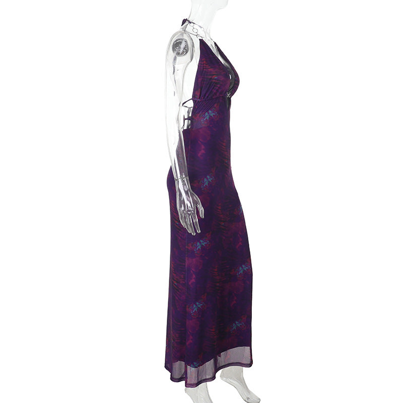 Women Clothing Chain Season Floral Print Slit Sexy V neck Small Backless Slim Fit Dress Bella Mia