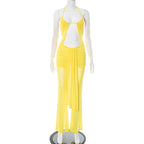 Women Clothing Spring Summer Halter Cropped Outfit Mesh Drawstring Sheer Cutout Ribbon Jumpsuit Bella Mia